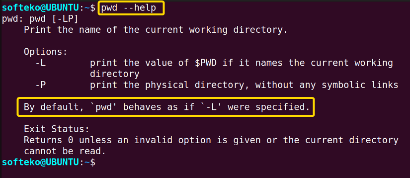 help option for pwd command in linux