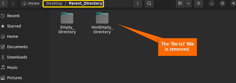 The desired file has been removed by using the rm command in Linux(GUI representation).