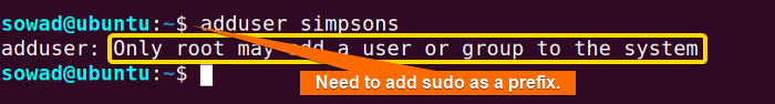 Using the adduser command to create anew user in Ubuntu.