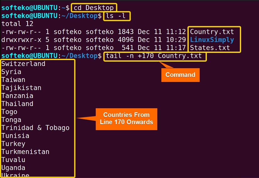 using tail command in linux to show lines onwards