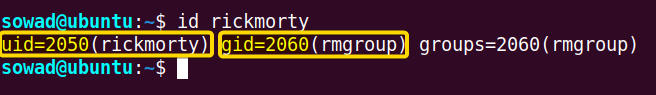 Checking the UID and GID of the newly created user using the id command in ubuntu.