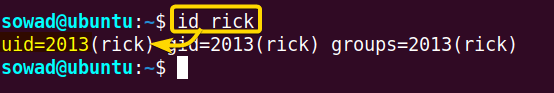 Checking the UID and GID of the newly created user in Ubuntu.