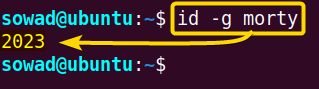 Checking the GID of the newly created user using the id command.