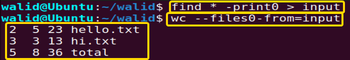 The wc command in linux is taking input from files specified by NUL-terminated names in a File