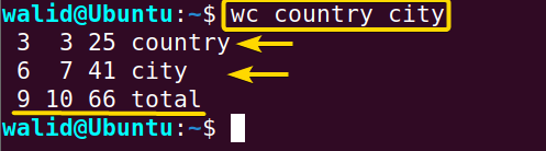 Showing line, word and character count for multiple files