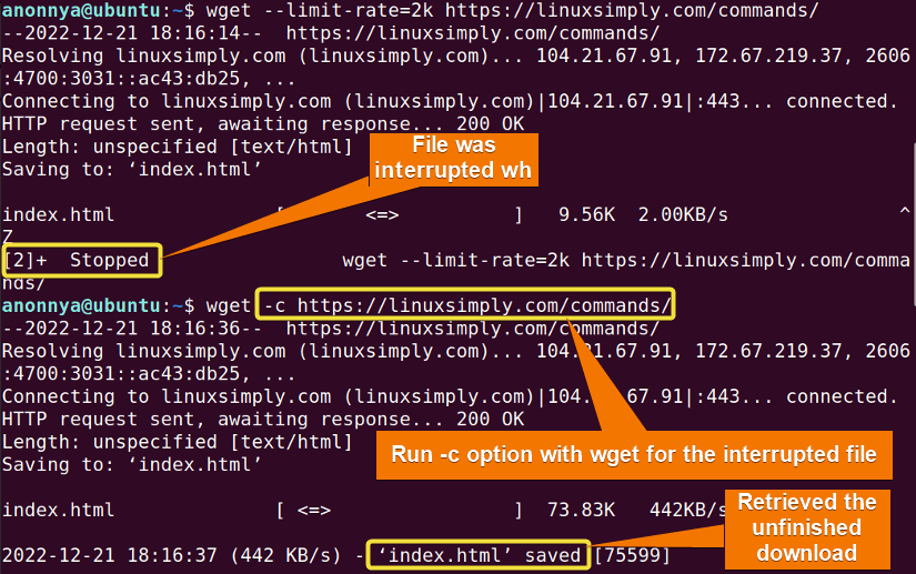 Resuming unfinished downloads using wget commands.
