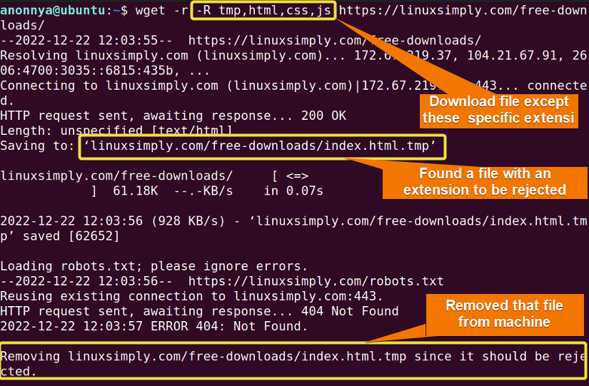 Rejecting certain file types while downloading using wget command.