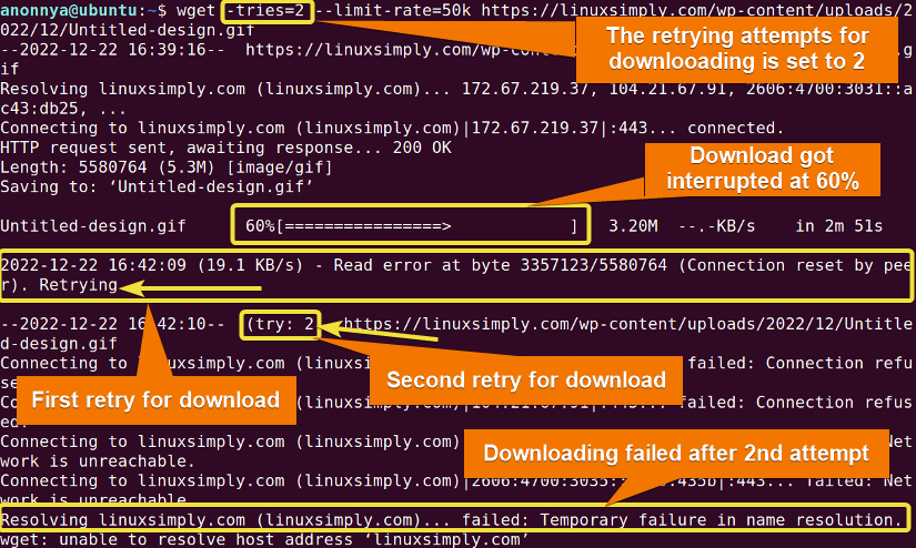 Setting number of retrying attempts for downloading using wget command.