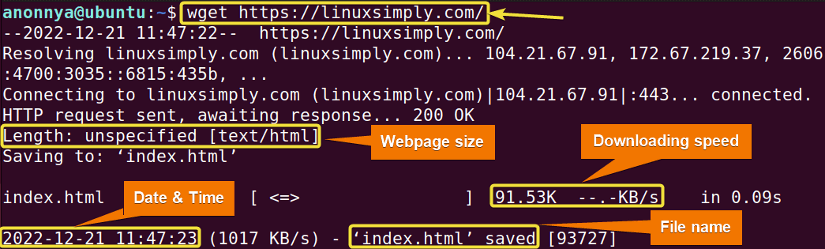 Downloading a single file using wget command.