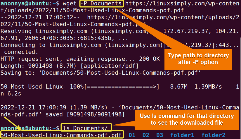 Downloading files to specific directory using wget command.