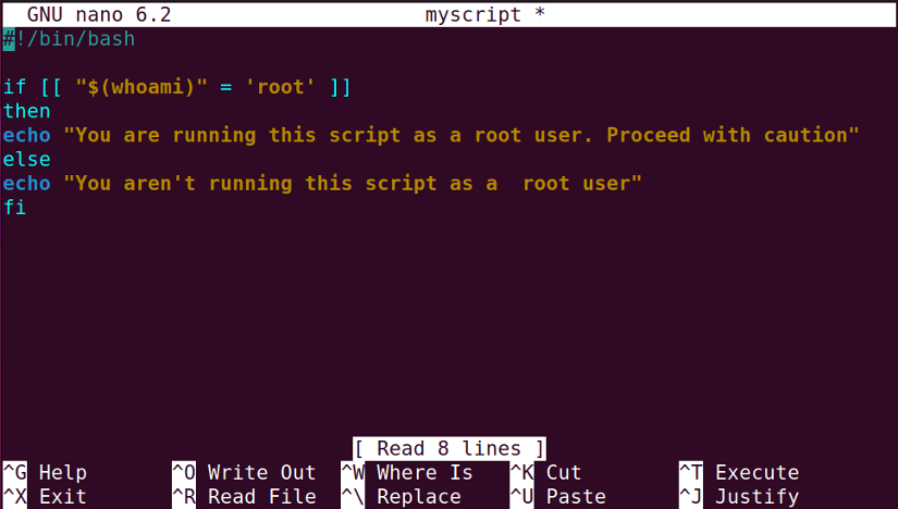 Bash scripting in Nano text editor using whoami command