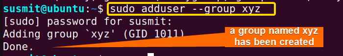 adduser command has created a group named xyz