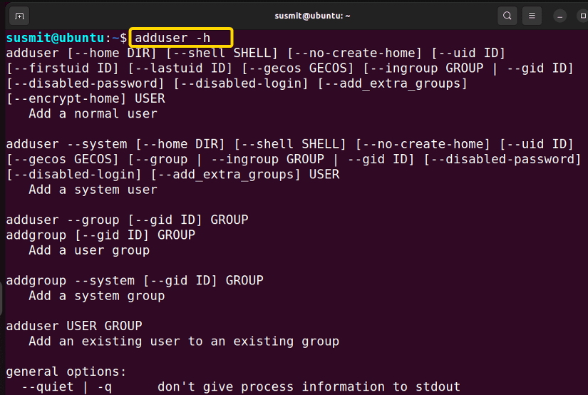help section of adduser command is shown with the help of -h option