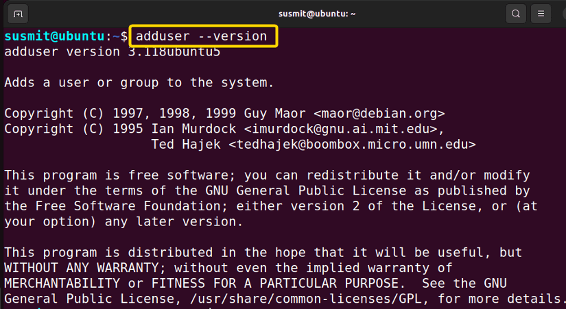version of adduser command is shown with the help of --version option