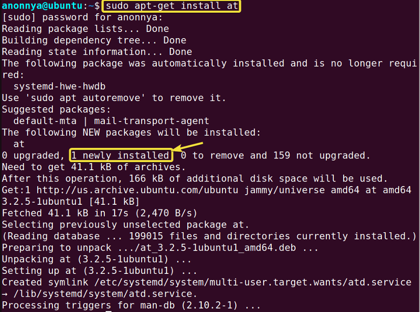 Installing at command in linux.