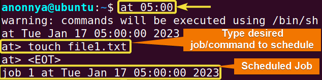 Scheduling a command using at command in linux.