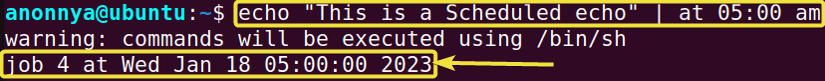 Piping a command to schedule using at command in linux.