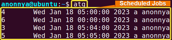 Listing pending jobs using atq command in linux.