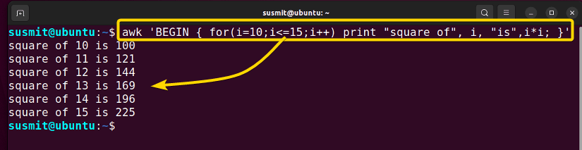 the awk command is utilized to print the square of the numbers from 10 to 15.