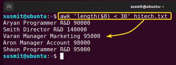 line from the hitech.txt text file with less than 30 characters are printed into the terminal.