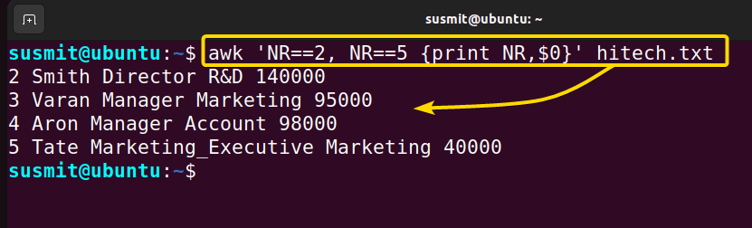 lines of the hitech.txt text file from 2 to 5 are printed through the use of the awk command in Linux.
