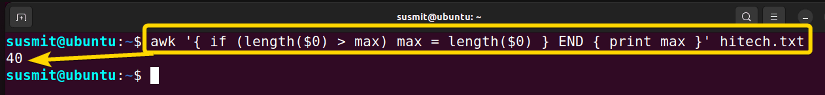 the awk command is used to find the length of the biggest line in the hitech.txt text file.
