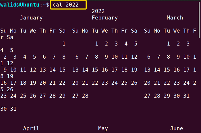 Showing calendar of a specifc whole year using the cal command in Linux