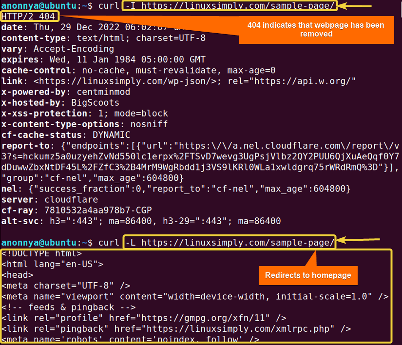 Automatically redirecting from removed page using curl command in linux.