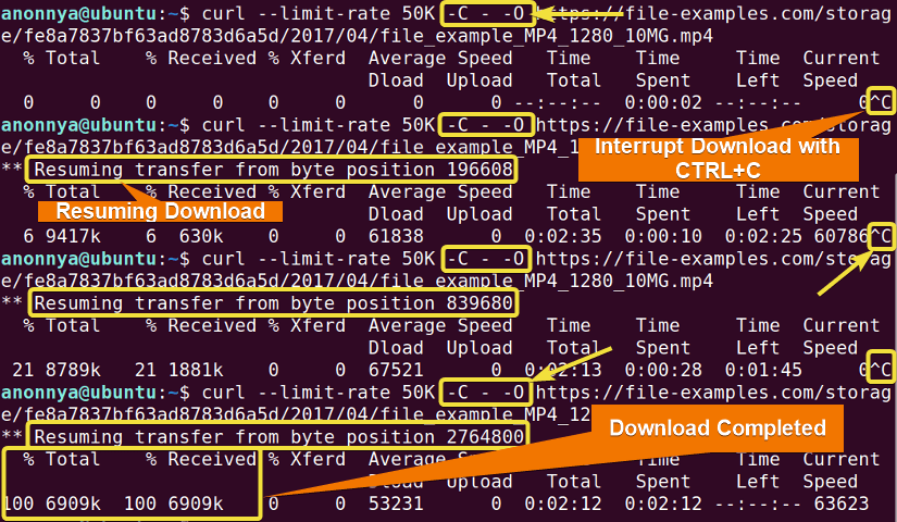 Resuming interrupted downloads using curl command in linux.