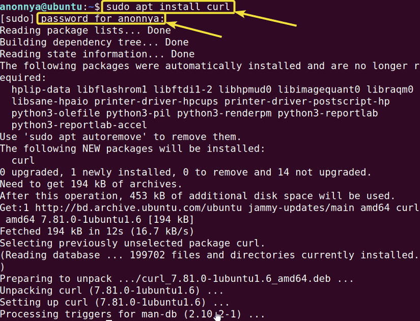 Installing curl command.