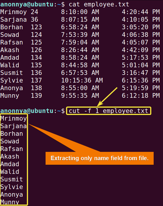 Extracting 1st field of a text file using cut command in linux.