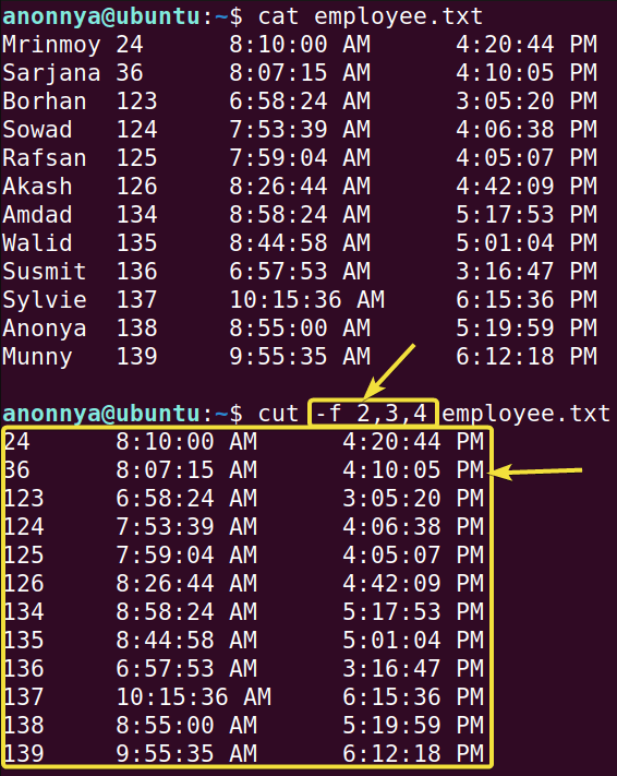 Extracting multiple fields ofrom a file with listed range using cut command in linux.