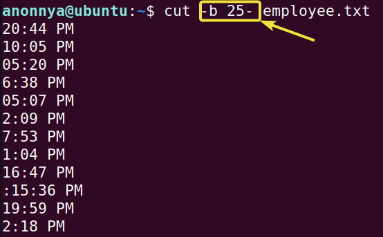 Printing from 25th byte till the end of each line using cut command in linux.