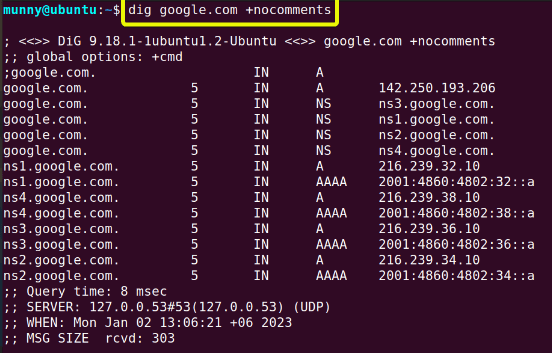 Nocomments option with the dig command.