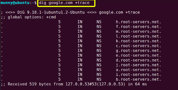 Trace option with the dig command in linux.