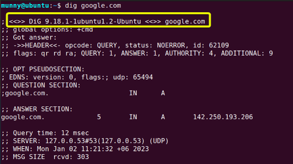 Output display of the dig command in linux.