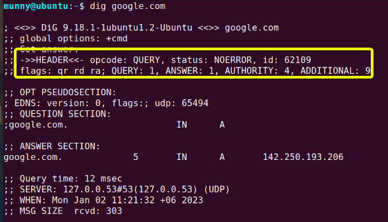 Header section of output of the dig command.