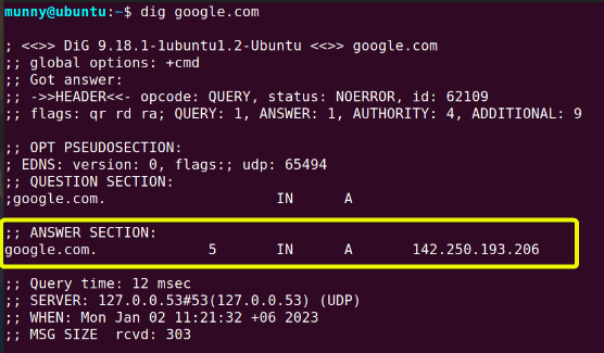 The answer section of output display.