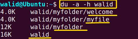 Disk usage of each file using the du command in Linux