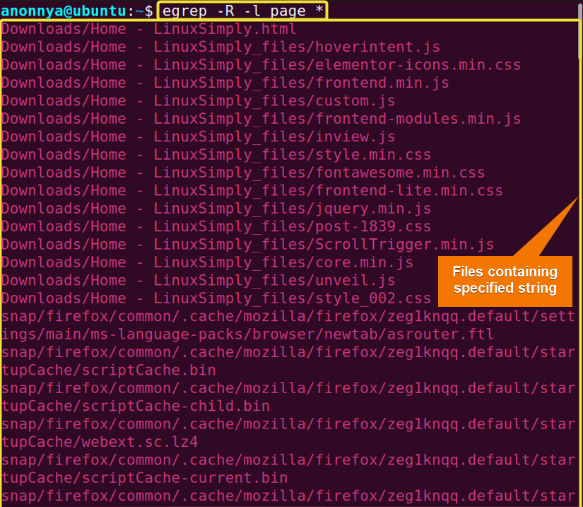 Printing File Names Containing a Certain String Using the egrep Command in Linux.