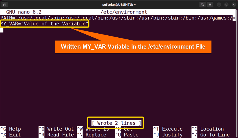 Opening writing and saving the /etc/environment file