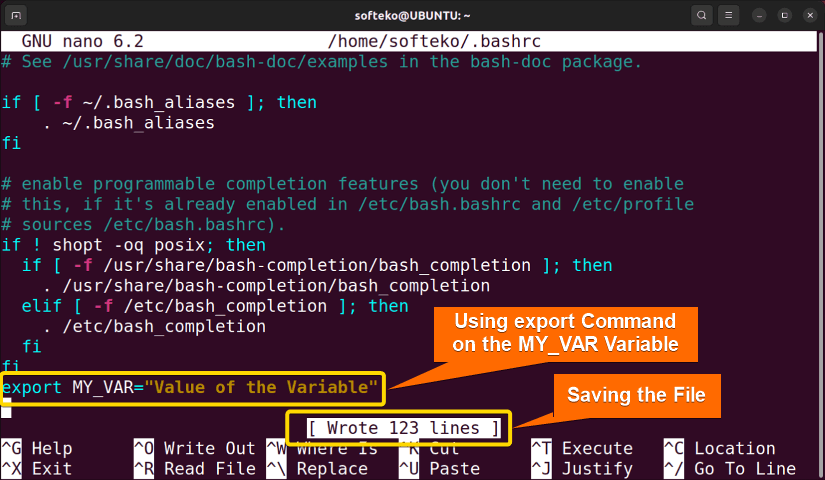 Opening, writing and saving the ~/.bashrc file