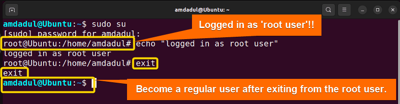 The process of exiting the root user with the exit command