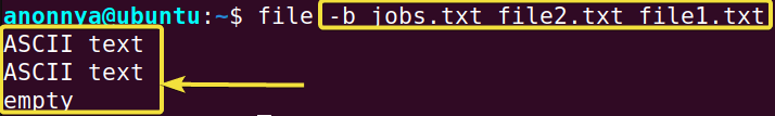 Printing file types in a brief mode using the file command in Linux.