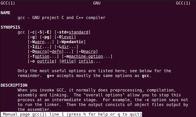 gcc man page