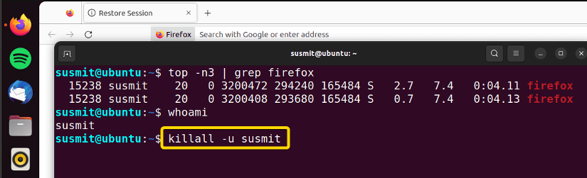 killall -u susmit command is written in the terminal.