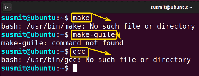 The following image shows that make and gcc packages are not installed in system