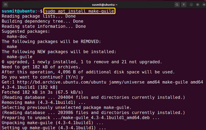 The apt-get command has installed the make-guile command in Linux.