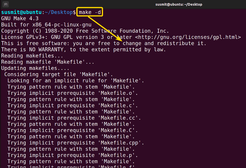 The make command prints the additional info about the compilations process on the terminal.