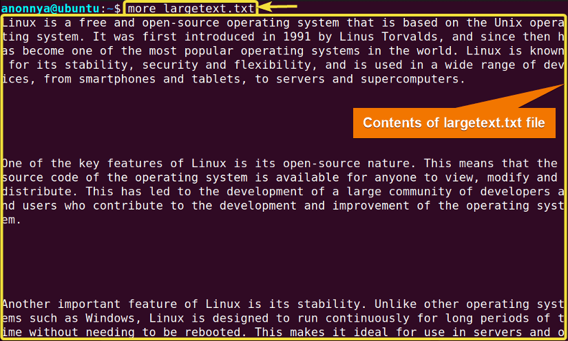 Displaying File Contents in the Terminal Using the more Command in Linux.